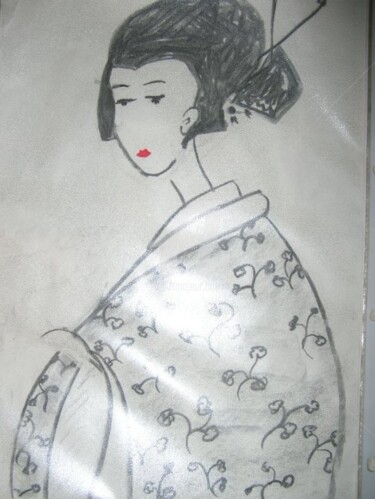 Dessin intitulée "fantaisie geisha" par Tina M. De Montorge, Œuvre d'art originale, Graphite