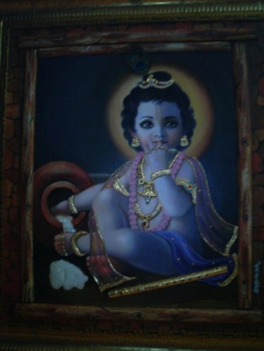 Painting titled "Krishna having butt…" by Alka Sagar, Original Artwork