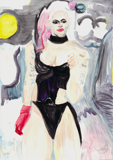 Pintura intitulada "Lady gaga harlequin" por Tinge, Obras de arte originais, Aquarela