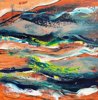 Painting titled "Landscape turquoise…" by Tiny De Bruin, Original Artwork, Acrylic Mounted on Wood Panel