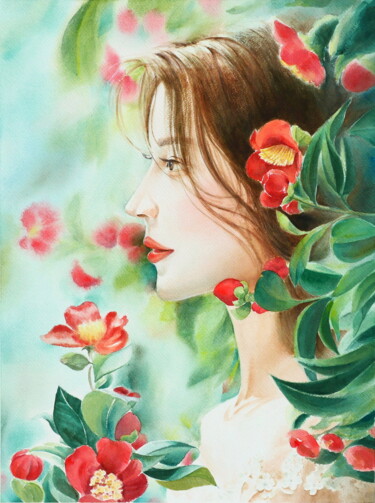 Painting titled "Camellia Girl - La…" by Tiny Pochi, Original Artwork, Watercolor