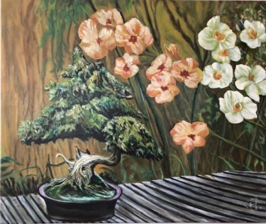 Painting titled "Bonzai et Orchidées" by Andrea C, Original Artwork, Oil
