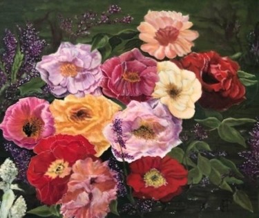 Painting titled "Variation de roses…" by Andrea C, Original Artwork, Oil
