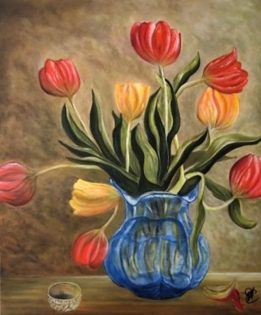 Peinture intitulée "Vase aux tulipes" par Andrea C, Œuvre d'art originale, Huile