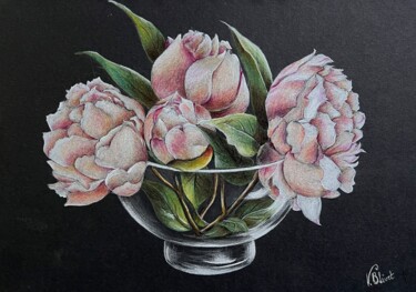 Drawing titled "Pivoines" by Valérie Blivet, Original Artwork, Pencil Mounted on Cardboard