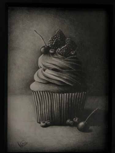 Drawing titled "Le gâteau" by Valérie Blivet, Original Artwork, Graphite Mounted on Wood Stretcher frame