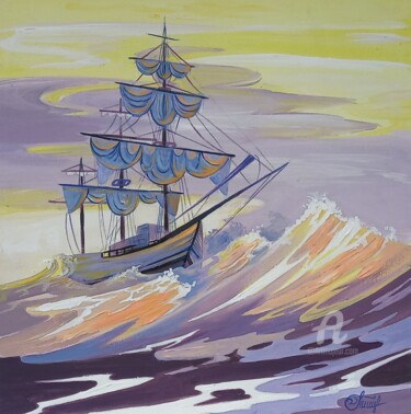 Painting titled ",,Sailboat''" by Irina Tischenko, Original Artwork, Acrylic Mounted on Wood Stretcher frame