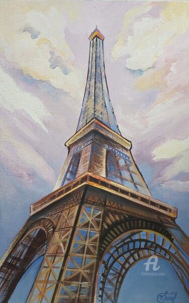 Painting titled ",,Eiffel Tower''" by Irina Tischenko, Original Artwork, Acrylic Mounted on Wood Stretcher frame