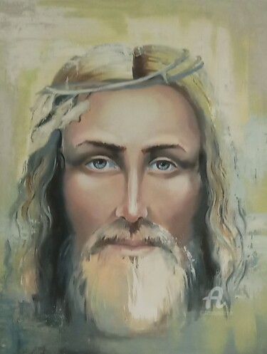 Schilderij getiteld ",, Christ''" door Irina Tischenko, Origineel Kunstwerk, Acryl Gemonteerd op Frame voor houten brancard