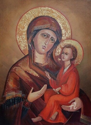 Painting titled ",,Mother of God ''" by Irina Tischenko, Original Artwork, Oil Mounted on Wood Stretcher frame