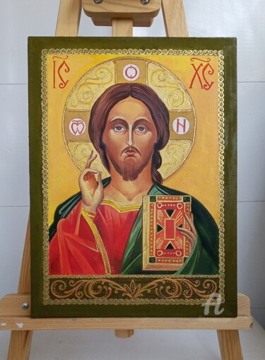 Schilderij getiteld ",,Jesus'' Icon" door Irina Tischenko, Origineel Kunstwerk, Olie Gemonteerd op Frame voor houten brancard