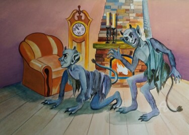 Pintura intitulada ",,Devils''Halloween" por Irina Tischenko, Obras de arte originais, Aquarela
