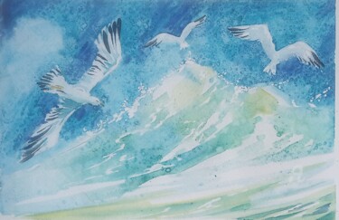 Painting titled "ЧАЙКИ НАД МОРЕМ" by Irina Tischenko, Original Artwork, Watercolor