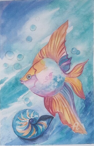 Schilderij getiteld ",,Gold Fish"" door Irina Tischenko, Origineel Kunstwerk, Aquarel