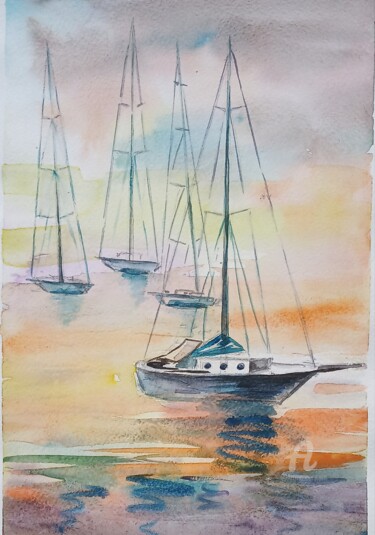 Pintura intitulada "Yachts" por Irina Tischenko, Obras de arte originais, Aquarela