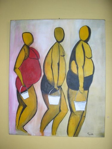 Painting titled "baigneurs aux seaux" by Tisaar, Original Artwork, Acrylic Mounted on Wood Stretcher frame