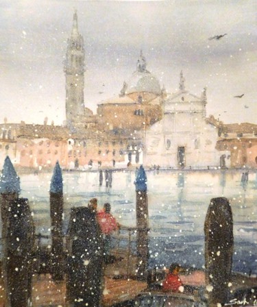Painting titled "venezia-con-la-neve…" by Stefano Santi, Original Artwork, Watercolor