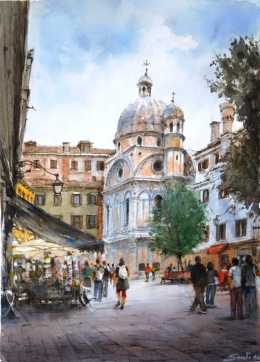 Pittura intitolato "venezia-santa-maria…" da Stefano Santi, Opera d'arte originale, Acquarello