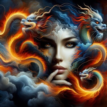 Arts numériques intitulée "Dragon woman 3" par Tiss Ai Creations, Œuvre d'art originale, Image générée par l'IA