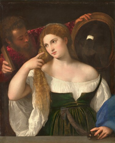 Malerei mit dem Titel "La Femme au miroir" von Titien, Original-Kunstwerk, Öl