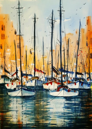 Painting titled "Blu e arancio" by Tito Fornasiero, Original Artwork, Watercolor