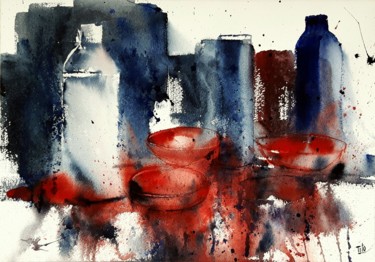 Painting titled "Composizione rossa…" by Tito Fornasiero, Original Artwork, Watercolor