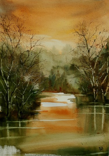 Painting titled "Autunno 6" by Tito Fornasiero, Original Artwork, Watercolor