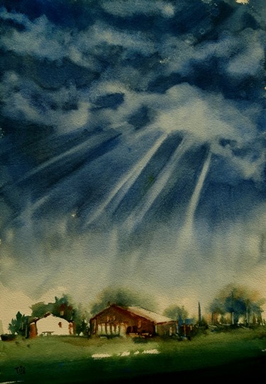 Pittura intitolato "Nuvole blu" da Tito Fornasiero, Opera d'arte originale, Acquarello