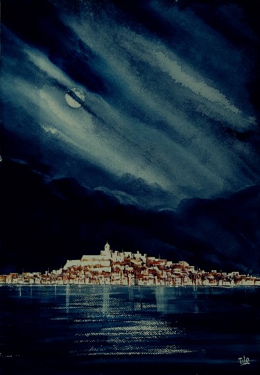 Pittura intitolato "La notte, la luna,…" da Tito Fornasiero, Opera d'arte originale, Acquarello