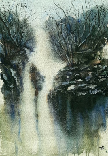 Painting titled "Cascata d'inverno" by Tito Fornasiero, Original Artwork, Watercolor