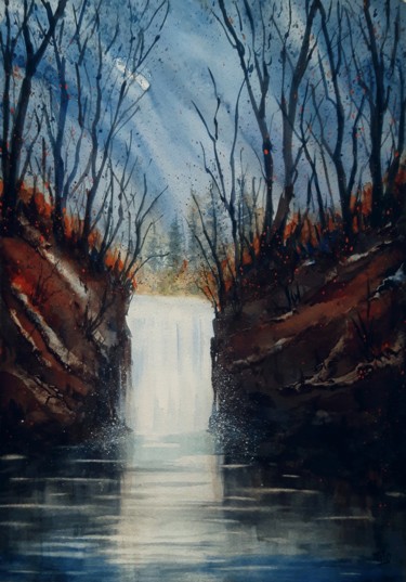 Painting titled "Cascata d'autunno n…" by Tito Fornasiero, Original Artwork, Watercolor