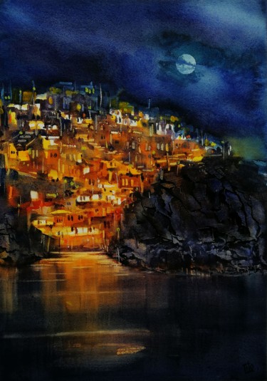 Painting titled "Notte mediterranea" by Tito Fornasiero, Original Artwork, Watercolor