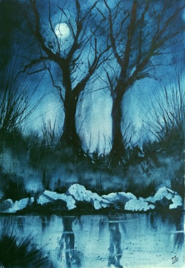 Painting titled "Notturno blu" by Tito Fornasiero, Original Artwork, Watercolor