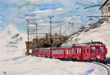 Pittura intitolato "Il trenino del Bern…" da Tito Fornasiero, Opera d'arte originale, Acquarello