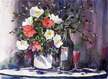 Painting titled "Fiori con bottiglia" by Tito Fornasiero, Original Artwork, Watercolor