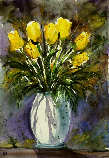 Malerei mit dem Titel "Tulipani gialli" von Tito Fornasiero, Original-Kunstwerk, Aquarell
