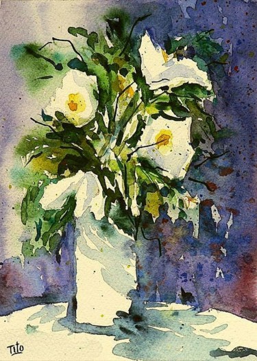 Painting titled "Fiori fantasia 1" by Tito Fornasiero, Original Artwork, Watercolor