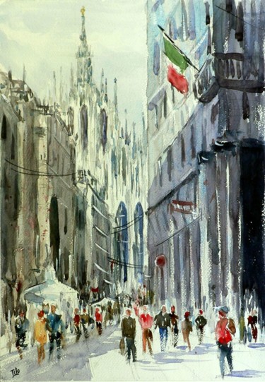 Pittura intitolato "Milano - Corso Vitt…" da Tito Fornasiero, Opera d'arte originale, Acquarello