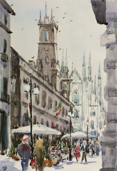 Milano - Via dei Mercanti Pittura intitolato "Milano - Via dei Me…" da Tito Fornasiero, Opera d'arte originale, Acquarello