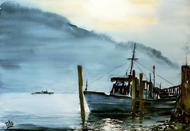 Peinture intitulée "Controluce sul Lago…" par Tito Fornasiero, Œuvre d'art originale, Aquarelle