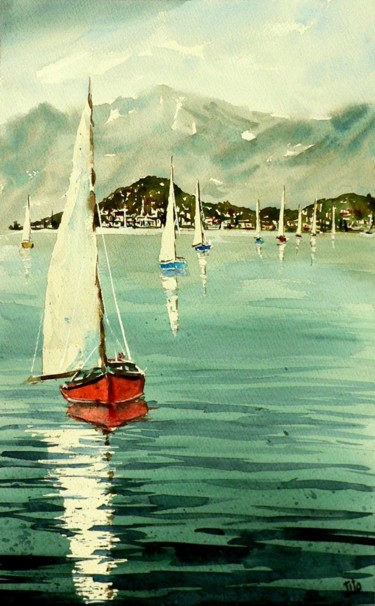 Pittura intitolato "Regata sul Lago di…" da Tito Fornasiero, Opera d'arte originale, Acquarello