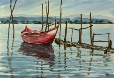 Painting titled "La barca rossa 1" by Tito Fornasiero, Original Artwork, Watercolor