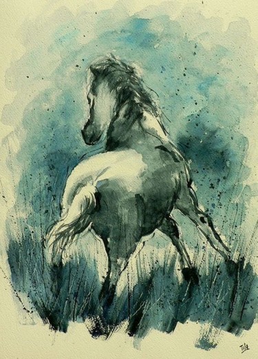 Malerei mit dem Titel "Il cavallo" von Tito Fornasiero, Original-Kunstwerk, Aquarell