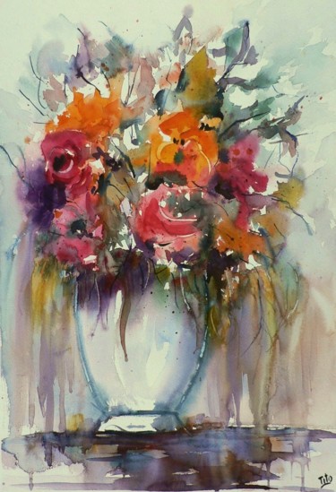 Pintura intitulada "Vaso di fiori" por Tito Fornasiero, Obras de arte originais, Aquarela