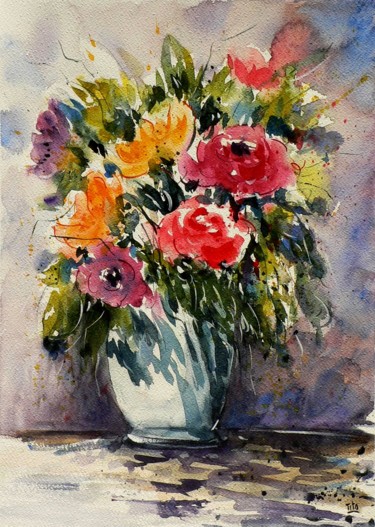 Painting titled "Vaso di fiori" by Tito Fornasiero, Original Artwork, Watercolor