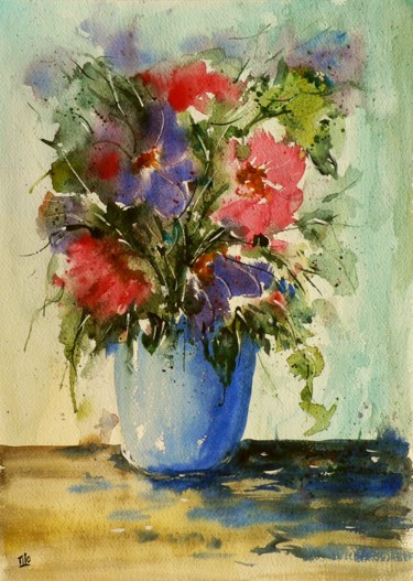 Pittura intitolato "Fiori nel vaso blu" da Tito Fornasiero, Opera d'arte originale, Acquarello