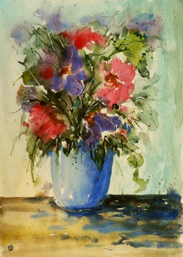 Pintura titulada "Fiori nel vaso blu" por Tito Fornasiero, Obra de arte original, Acuarela