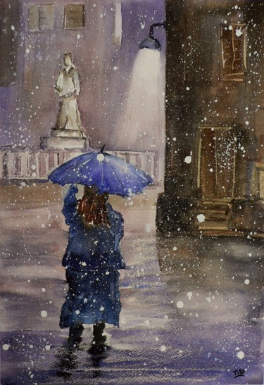 Pittura intitolato "La prima neve" da Tito Fornasiero, Opera d'arte originale, Acquarello