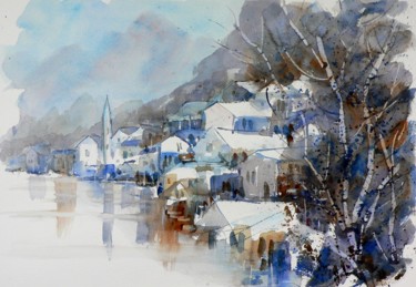 Painting titled "Villaggio alpino" by Tito Fornasiero, Original Artwork, Watercolor