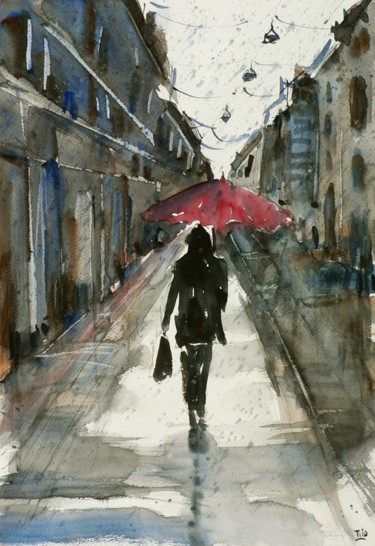 Pittura intitolato "L'ombrello rosso 1" da Tito Fornasiero, Opera d'arte originale, Acquarello